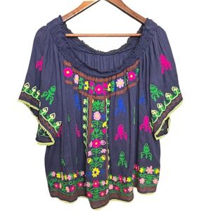 Ruby Yaya Embroidered Floral‎ Peasant Blouse Off Shoulder Top XL
